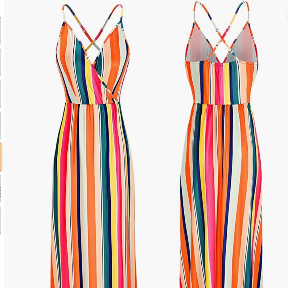Deep V-Neck Summer Striped Print Split Maxi Dress for Summer Spring Party Beach